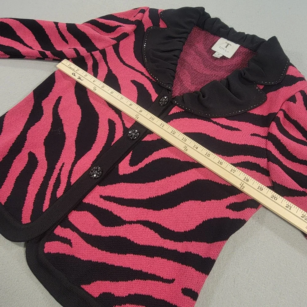 Toula Zebra Print Knit Blazer Jacket Ruffle Collar Embellished Buttons Womens 10